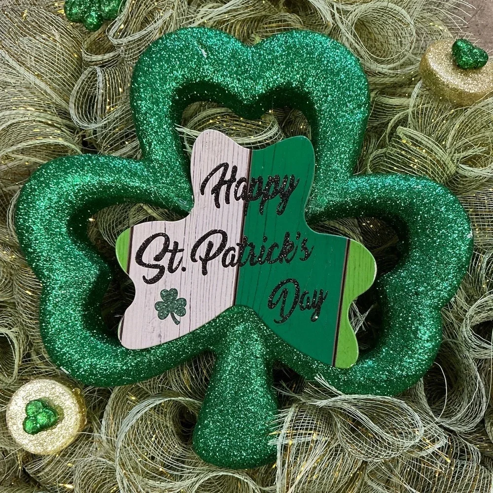 Saint Patricks Day Irish Clover Hand Made Holiday Decor Green Gold Ribbon 20 In - Picture 2 of 14